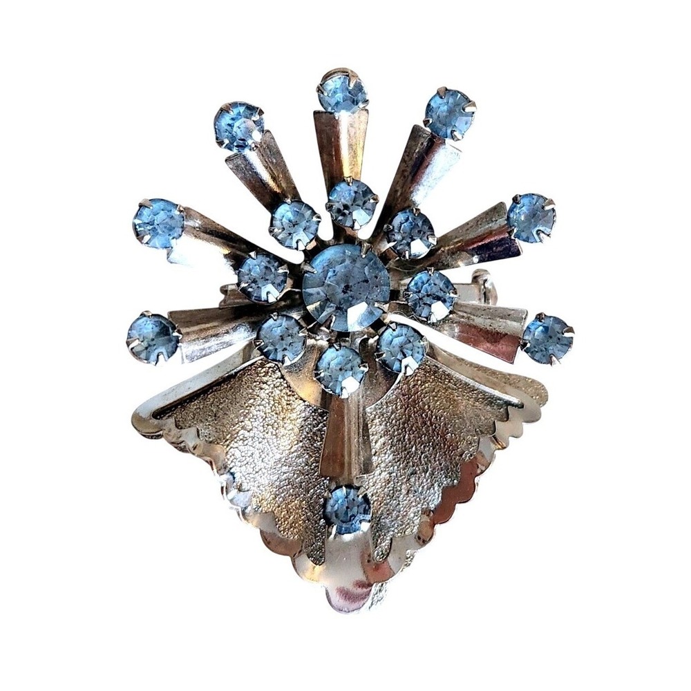 Vintage Light Blue Rhinestone Silver Tone Brooch Pin Rivet Set Mid-Century Mod